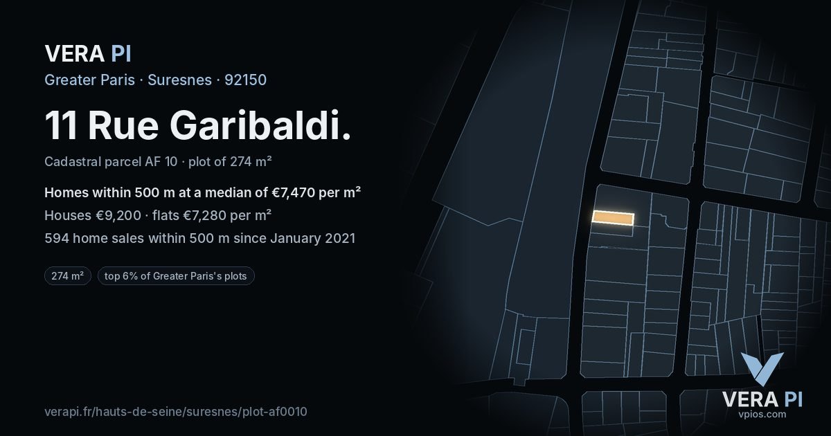 11 Rue Garibaldi, Suresnes at night – the plot lit, the parcels around coloured by the prices near them
