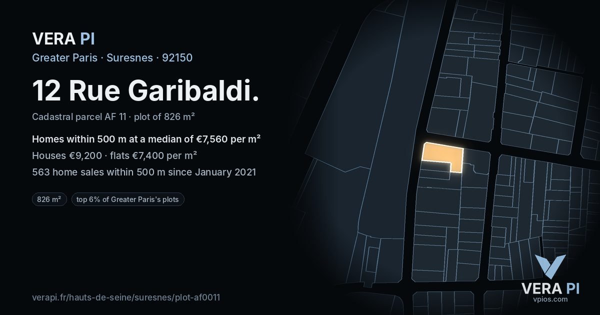 12 Rue Garibaldi, Suresnes at night – the plot lit, the parcels around coloured by the prices near them