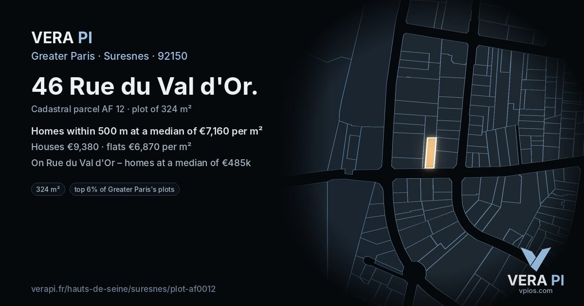 46 Rue du Val d'Or, Suresnes at night – the plot lit, the parcels around coloured by the prices near them