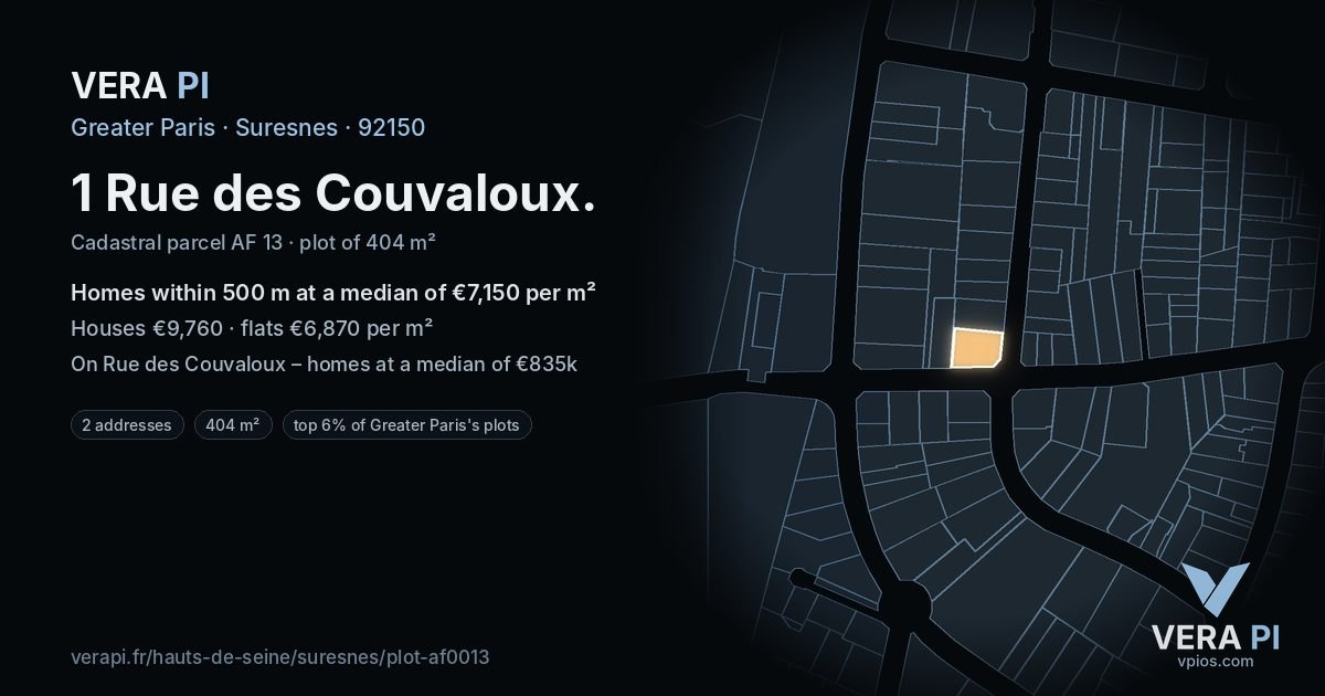 1 Rue des Couvaloux, Suresnes at night – the plot lit, the parcels around coloured by the prices near them