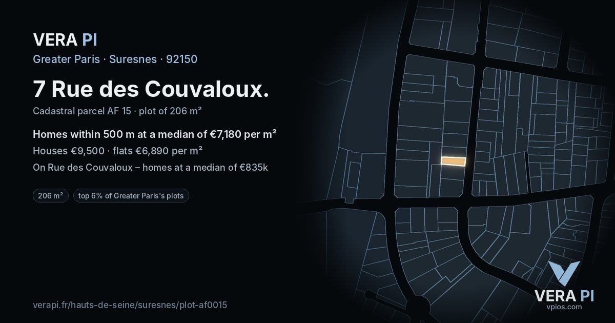 7 Rue des Couvaloux, Suresnes at night – the plot lit, the parcels around coloured by the prices near them
