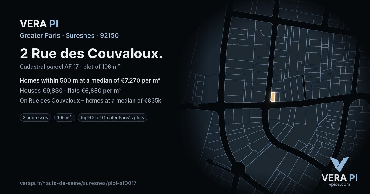 2 Rue des Couvaloux, Suresnes at night – the plot lit, the parcels around coloured by the prices near them