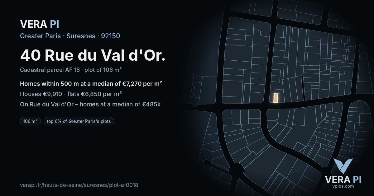 40 Rue du Val d'Or, Suresnes at night – the plot lit, the parcels around coloured by the prices near them