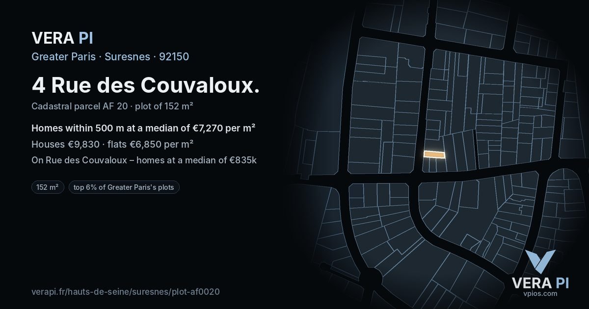 4 Rue des Couvaloux, Suresnes at night – the plot lit, the parcels around coloured by the prices near them