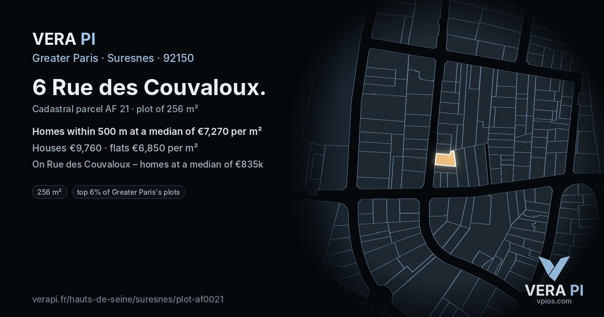 6 Rue des Couvaloux, Suresnes at night – the plot lit, the parcels around coloured by the prices near them