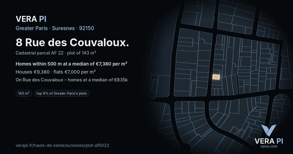 8 Rue des Couvaloux, Suresnes at night – the plot lit, the parcels around coloured by the prices near them