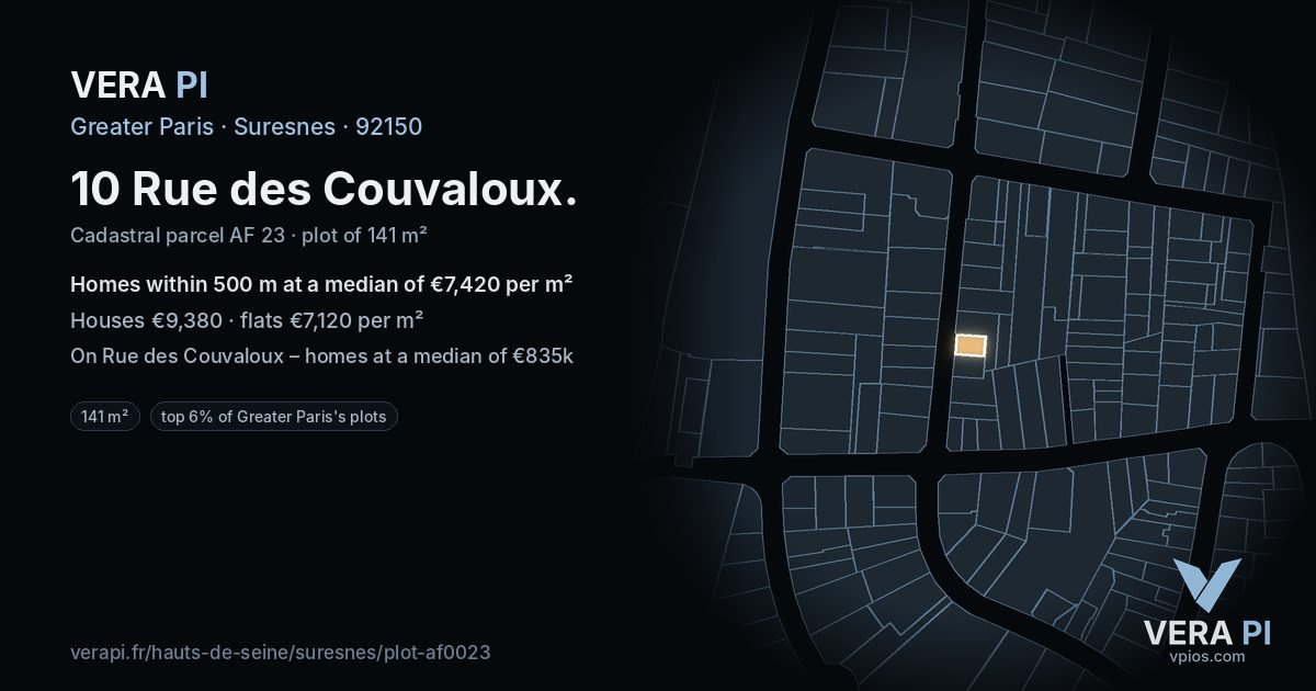 10 Rue des Couvaloux, Suresnes at night – the plot lit, the parcels around coloured by the prices near them