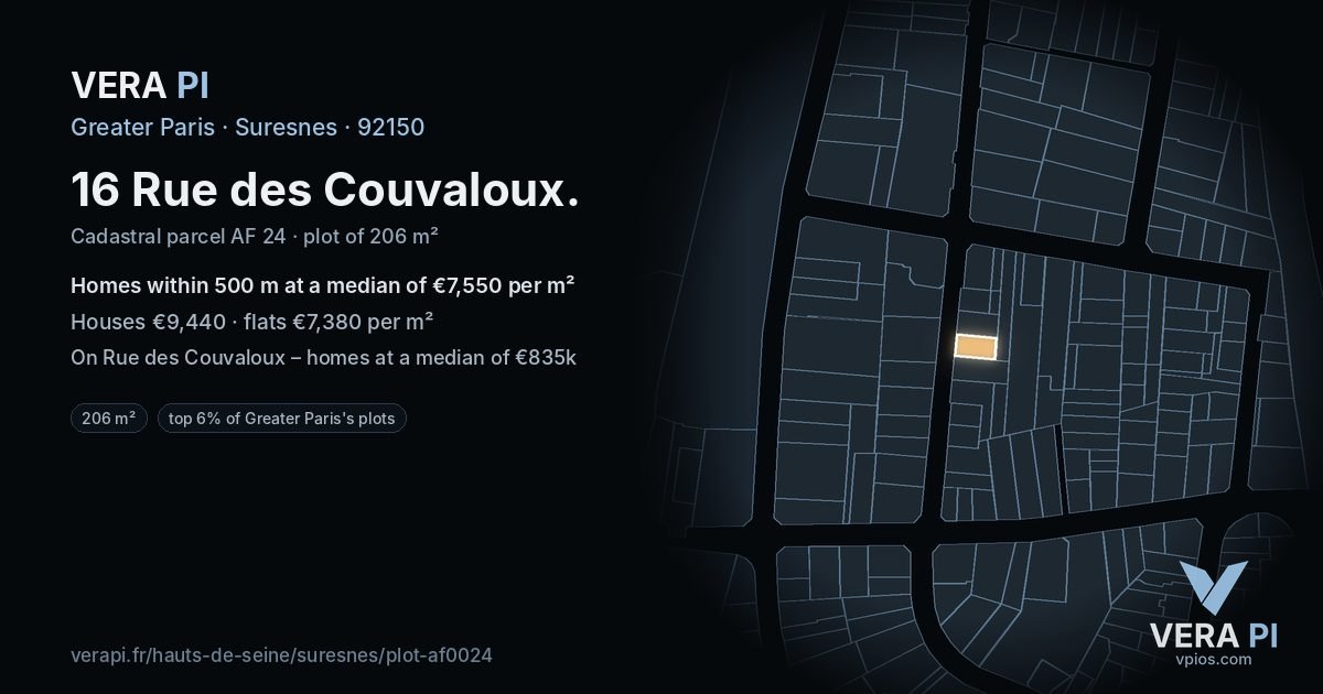 16 Rue des Couvaloux, Suresnes at night – the plot lit, the parcels around coloured by the prices near them