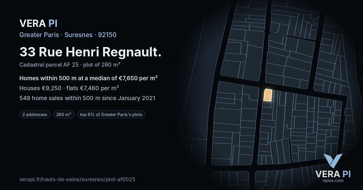 33 Rue Henri Regnault, Suresnes at night – the plot lit, the parcels around coloured by the prices near them
