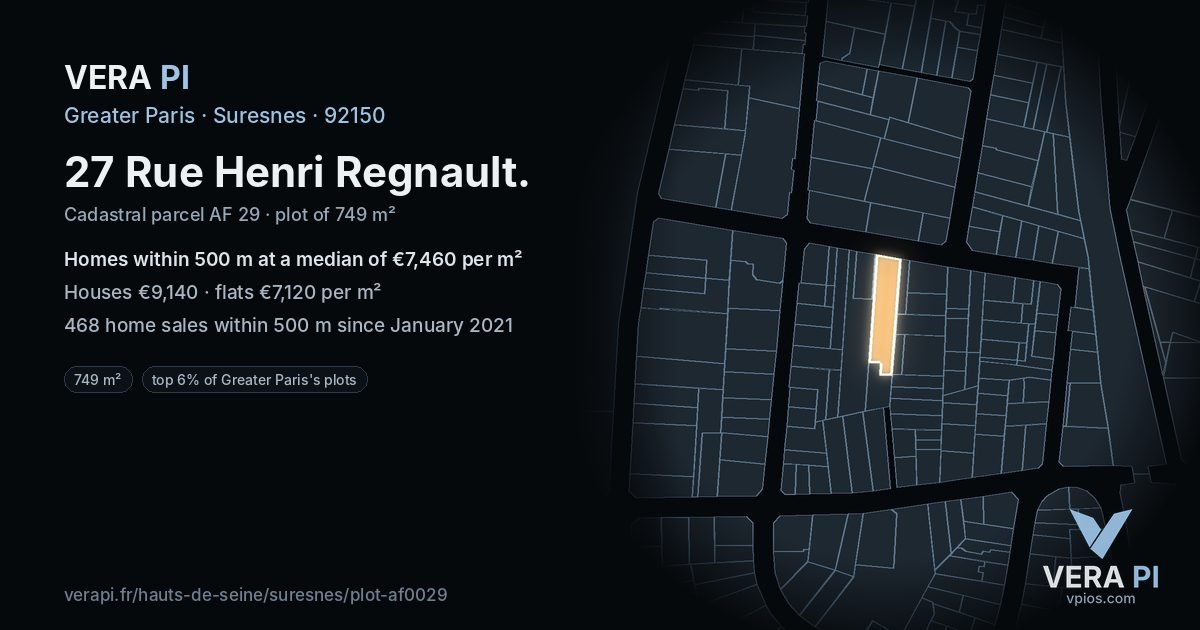 27 Rue Henri Regnault, Suresnes at night – the plot lit, the parcels around coloured by the prices near them