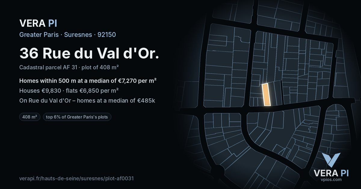 36 Rue du Val d'Or, Suresnes at night – the plot lit, the parcels around coloured by the prices near them