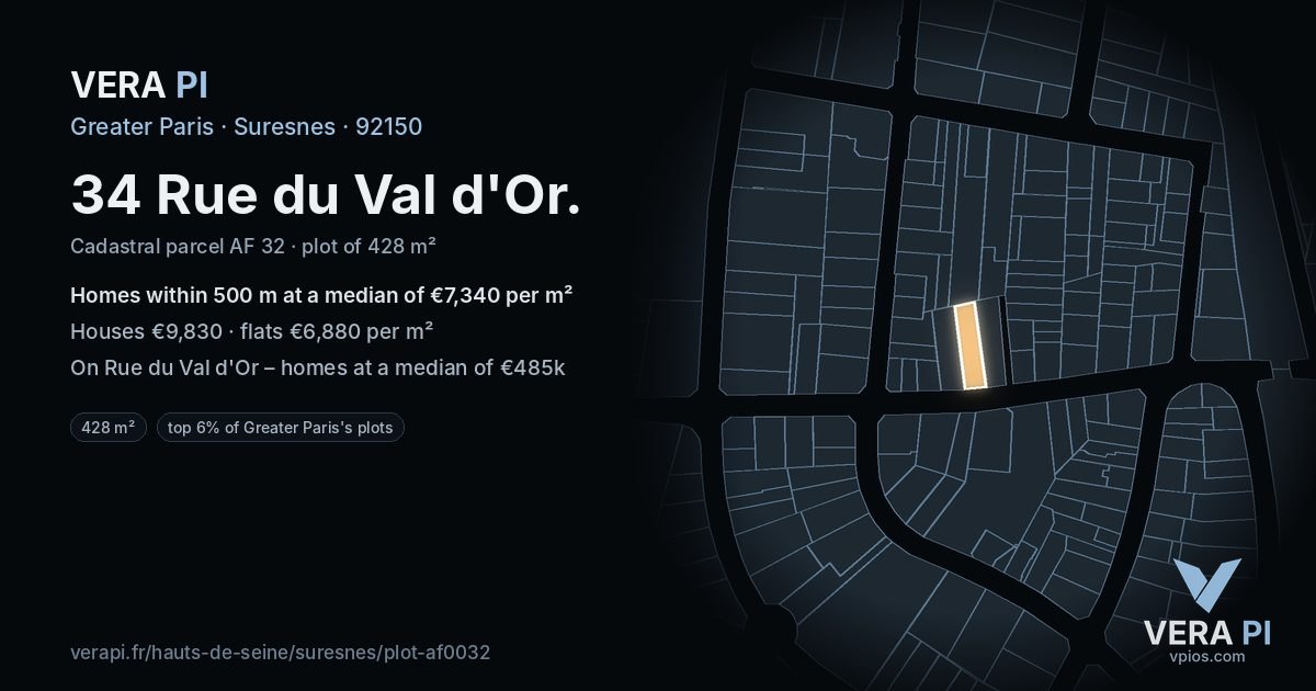 34 Rue du Val d'Or, Suresnes at night – the plot lit, the parcels around coloured by the prices near them