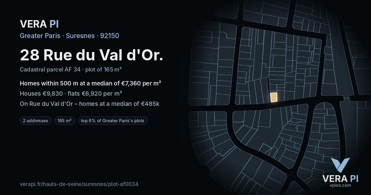 28 Rue du Val d'Or, Suresnes at night – the plot lit, the parcels around coloured by the prices near them