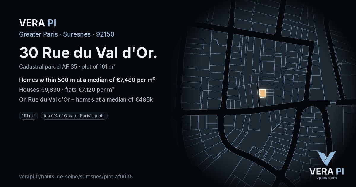 30 Rue du Val d'Or, Suresnes at night – the plot lit, the parcels around coloured by the prices near them