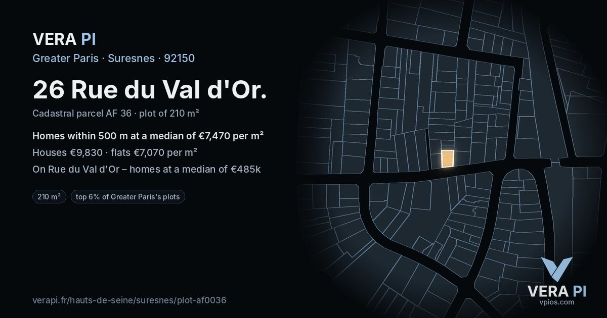 26 Rue du Val d'Or, Suresnes at night – the plot lit, the parcels around coloured by the prices near them