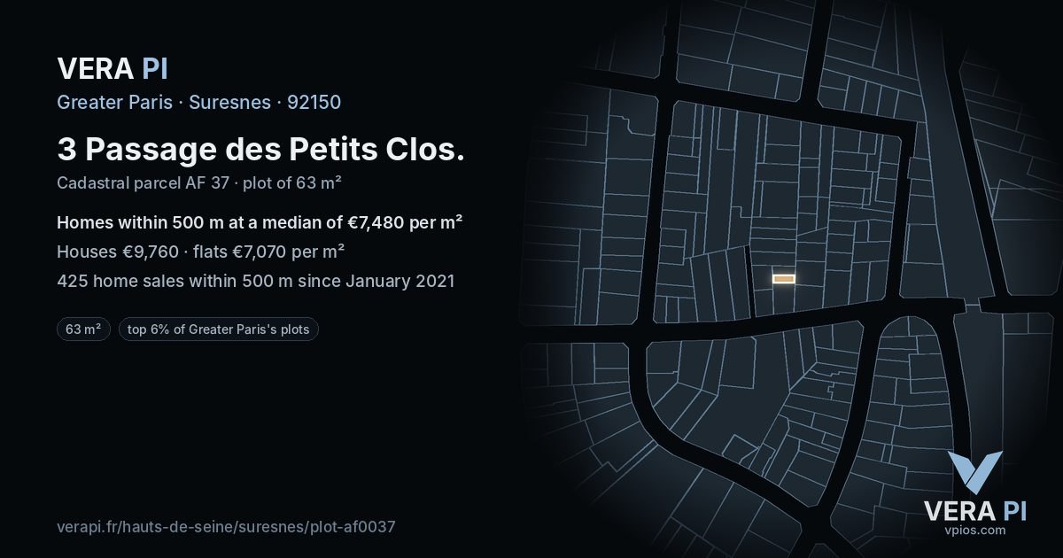 3 Passage des Petits Clos, Suresnes at night – the plot lit, the parcels around coloured by the prices near them