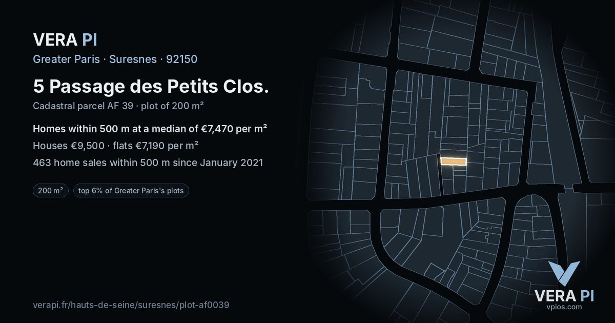 5 Passage des Petits Clos, Suresnes at night – the plot lit, the parcels around coloured by the prices near them