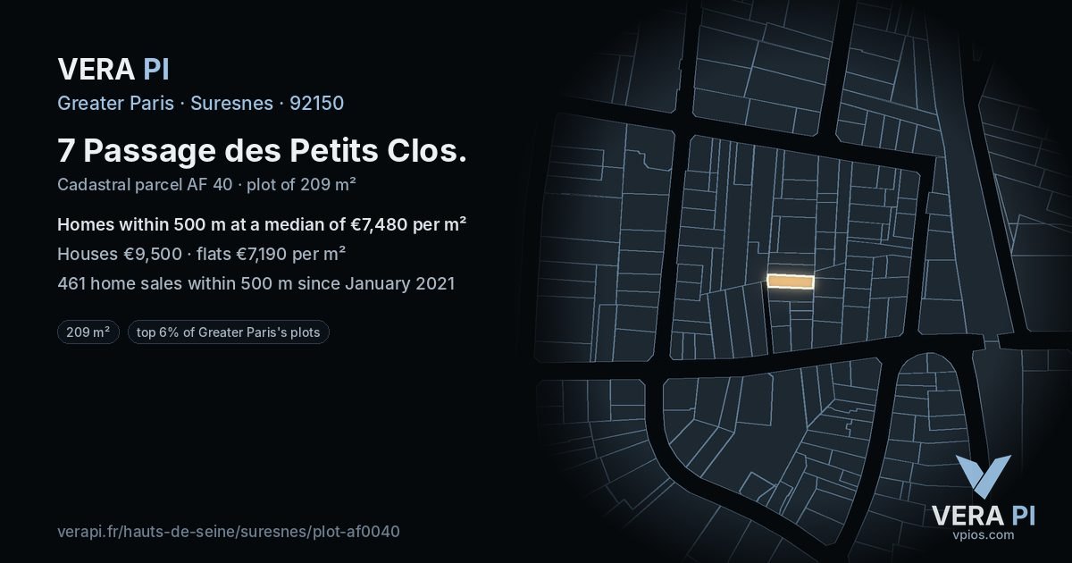 7 Passage des Petits Clos, Suresnes at night – the plot lit, the parcels around coloured by the prices near them