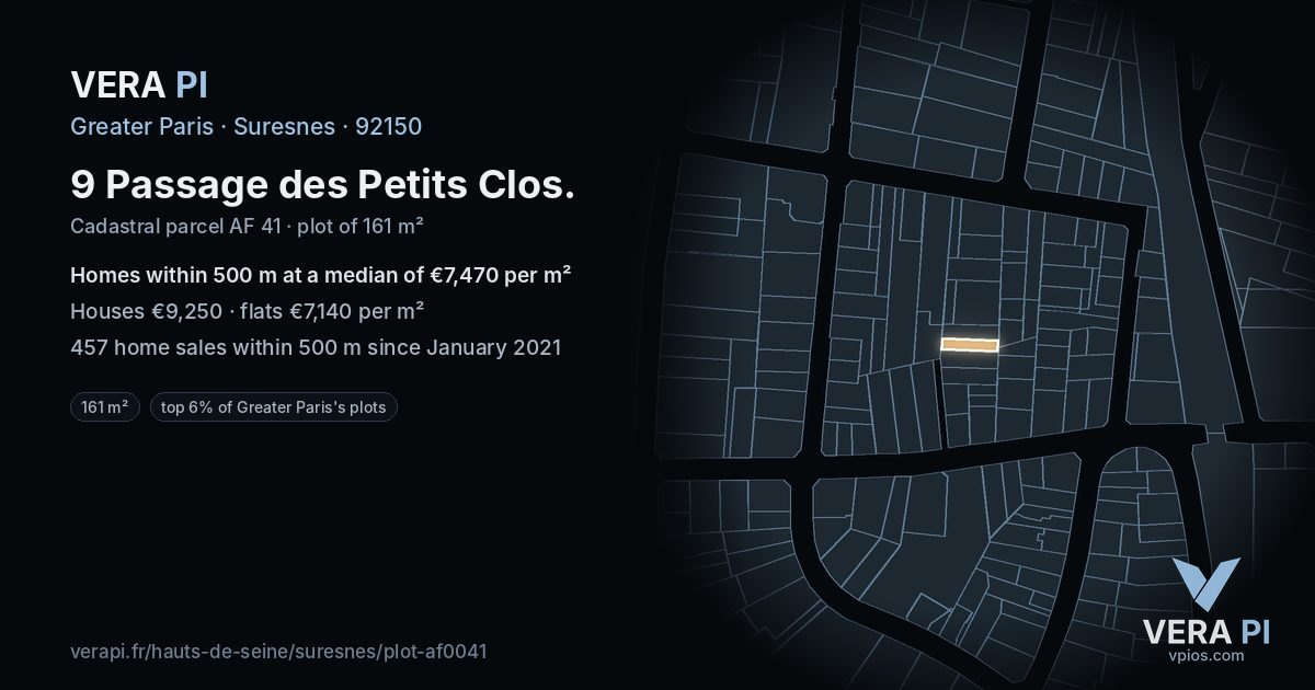 9 Passage des Petits Clos, Suresnes at night – the plot lit, the parcels around coloured by the prices near them