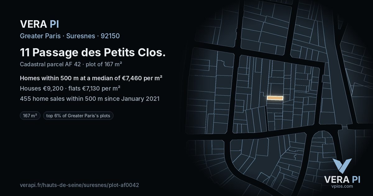 11 Passage des Petits Clos, Suresnes at night – the plot lit, the parcels around coloured by the prices near them