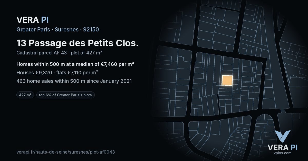 13 Passage des Petits Clos, Suresnes at night – the plot lit, the parcels around coloured by the prices near them