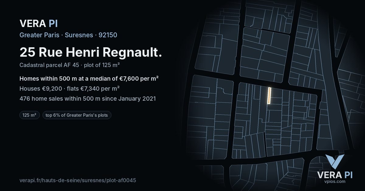 25 Rue Henri Regnault, Suresnes at night – the plot lit, the parcels around coloured by the prices near them