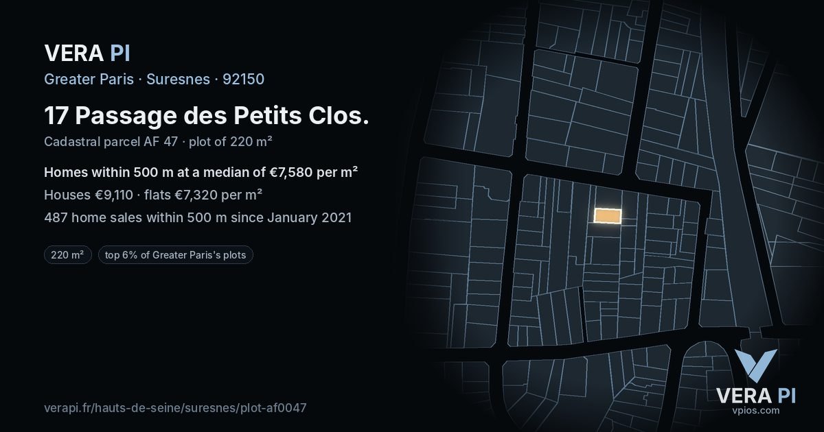 17 Passage des Petits Clos, Suresnes at night – the plot lit, the parcels around coloured by the prices near them