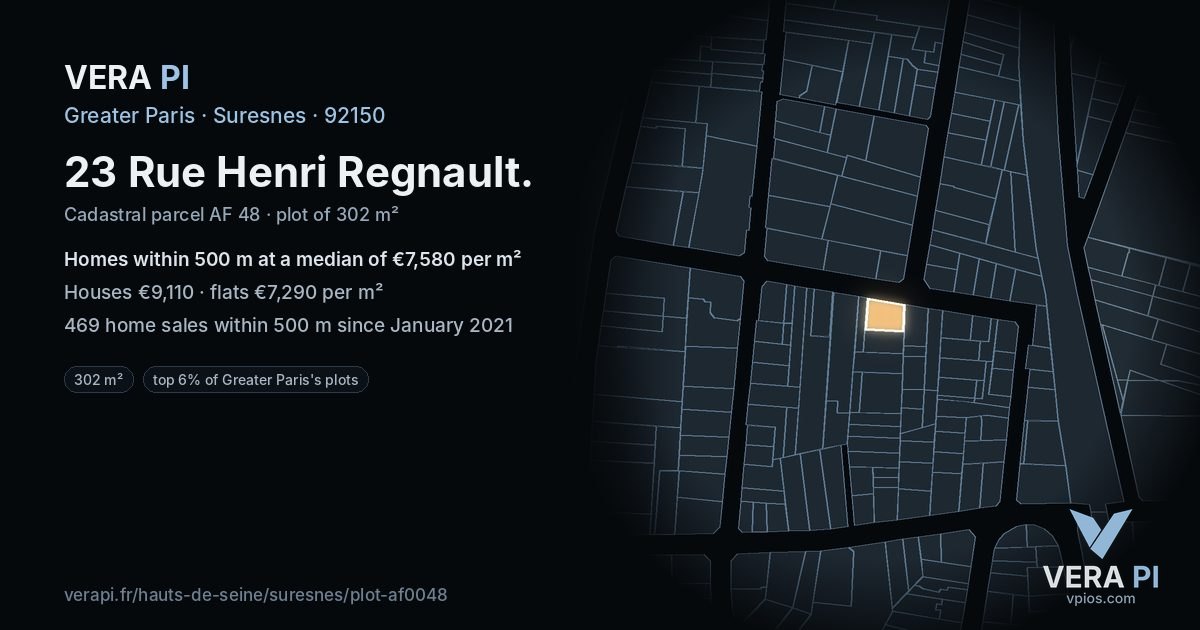 23 Rue Henri Regnault, Suresnes at night – the plot lit, the parcels around coloured by the prices near them