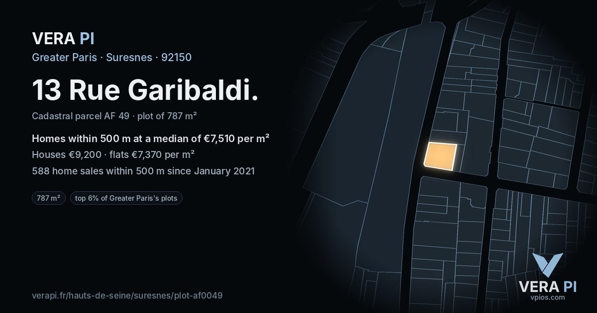 13 Rue Garibaldi, Suresnes at night – the plot lit, the parcels around coloured by the prices near them