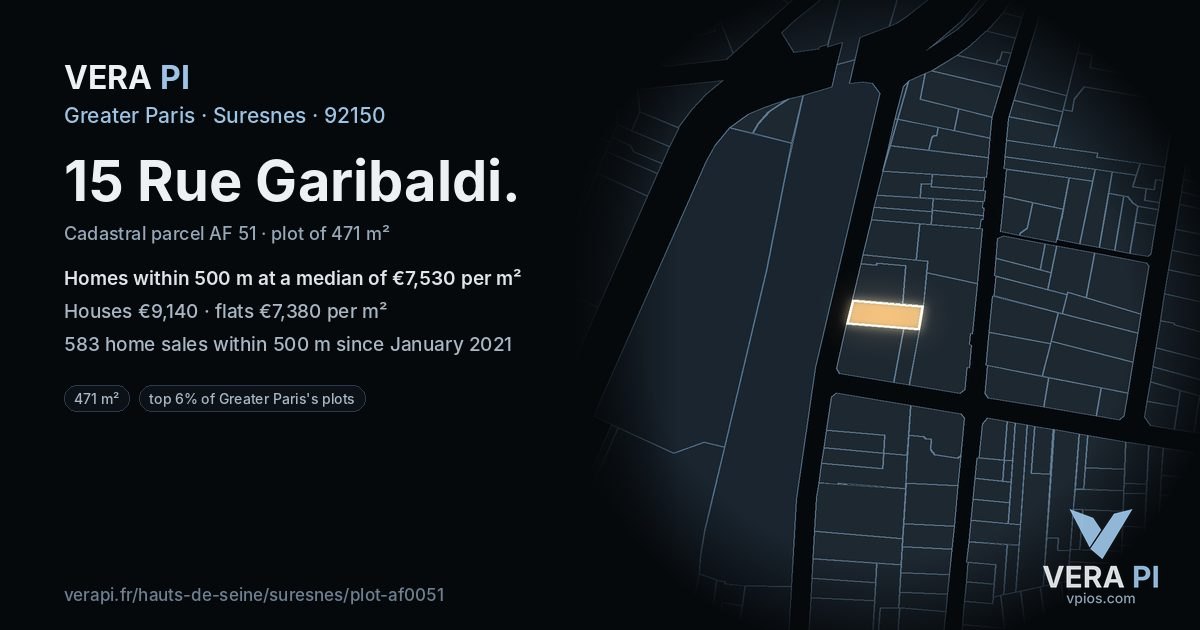 15 Rue Garibaldi, Suresnes at night – the plot lit, the parcels around coloured by the prices near them