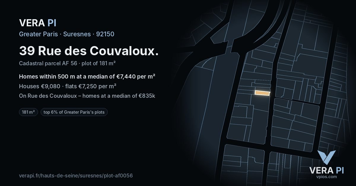 39 Rue des Couvaloux, Suresnes at night – the plot lit, the parcels around coloured by the prices near them
