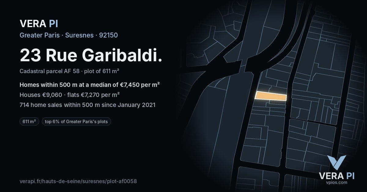 23 Rue Garibaldi, Suresnes at night – the plot lit, the parcels around coloured by the prices near them