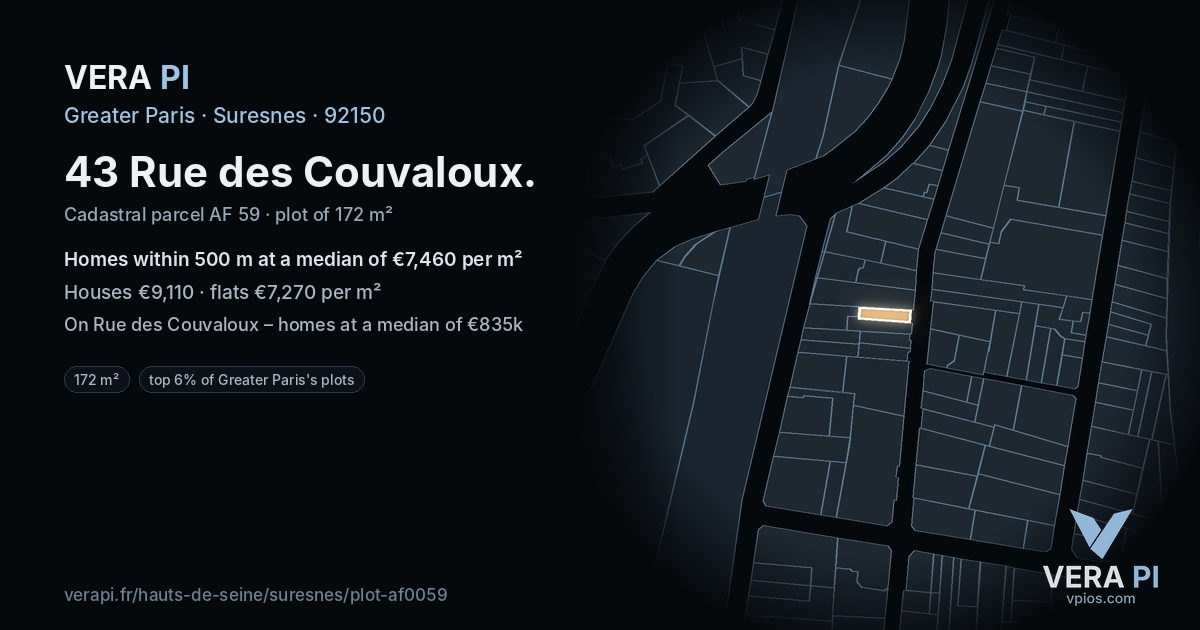 43 Rue des Couvaloux, Suresnes at night – the plot lit, the parcels around coloured by the prices near them