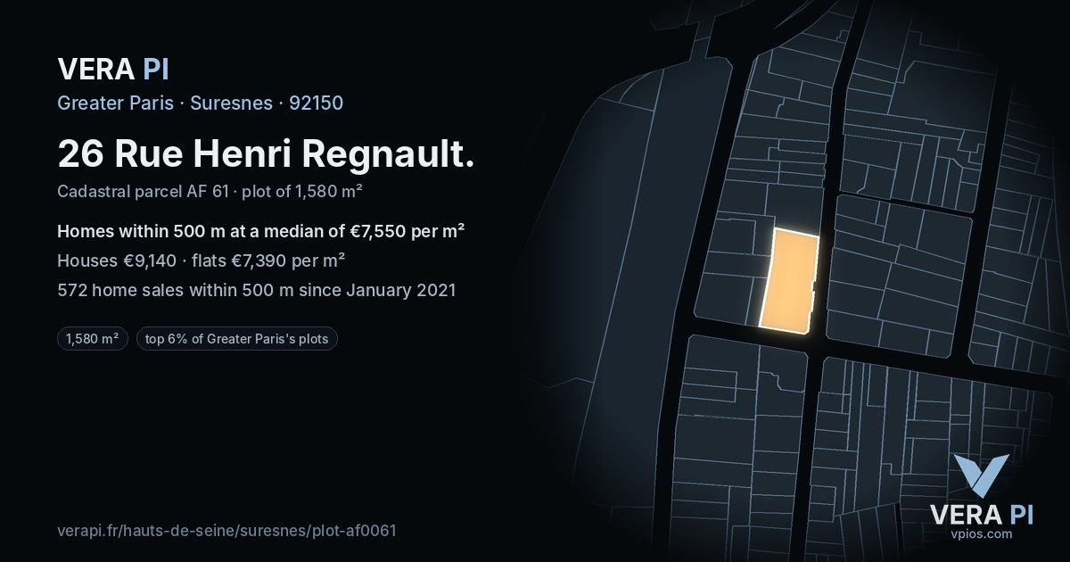 26 Rue Henri Regnault, Suresnes at night – the plot lit, the parcels around coloured by the prices near them