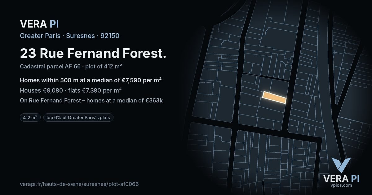 23 Rue Fernand Forest, Suresnes at night – the plot lit, the parcels around coloured by the prices near them