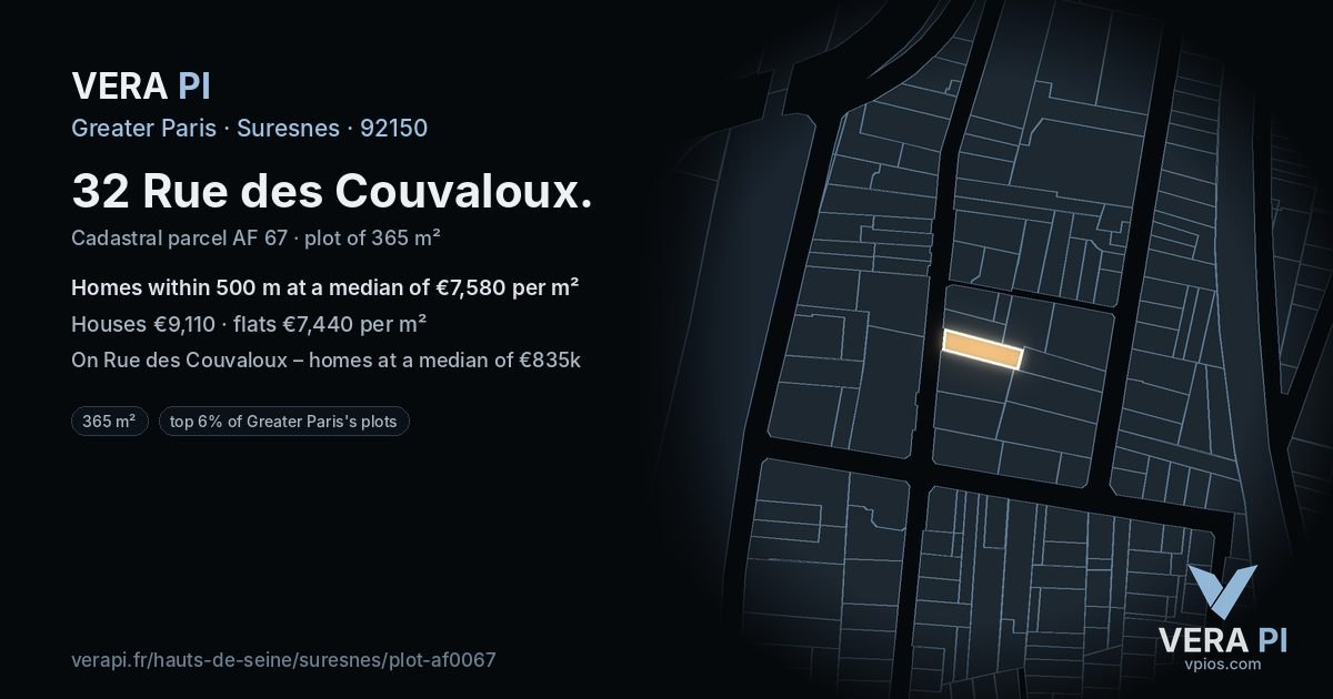 32 Rue des Couvaloux, Suresnes at night – the plot lit, the parcels around coloured by the prices near them