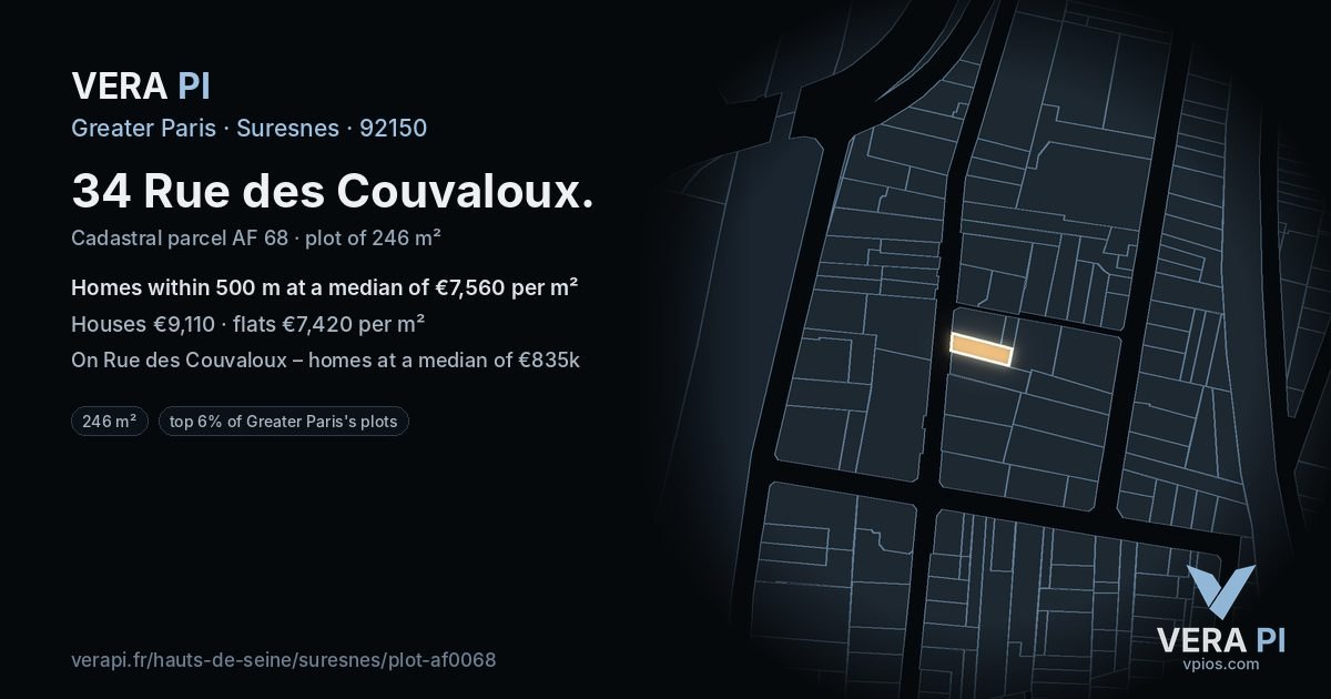 34 Rue des Couvaloux, Suresnes at night – the plot lit, the parcels around coloured by the prices near them