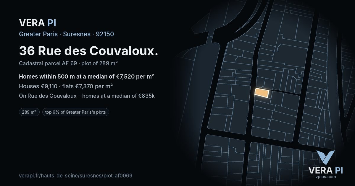 36 Rue des Couvaloux, Suresnes at night – the plot lit, the parcels around coloured by the prices near them