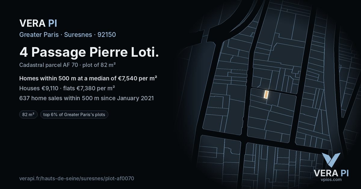 4 Passage Pierre Loti, Suresnes at night – the plot lit, the parcels around coloured by the prices near them
