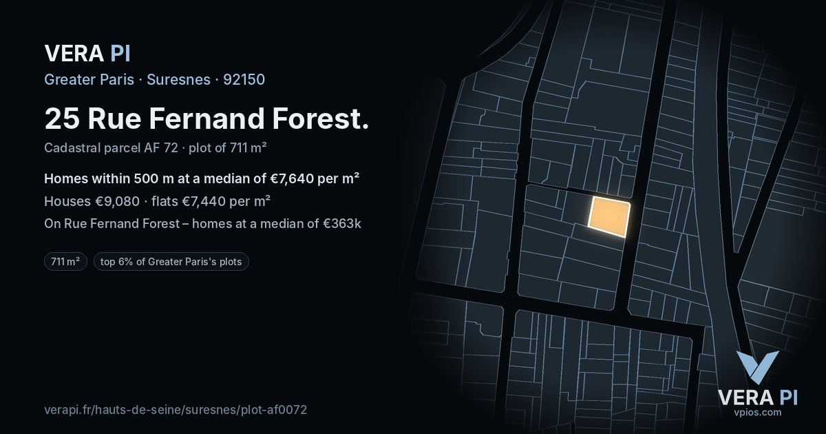 25 Rue Fernand Forest, Suresnes at night – the plot lit, the parcels around coloured by the prices near them