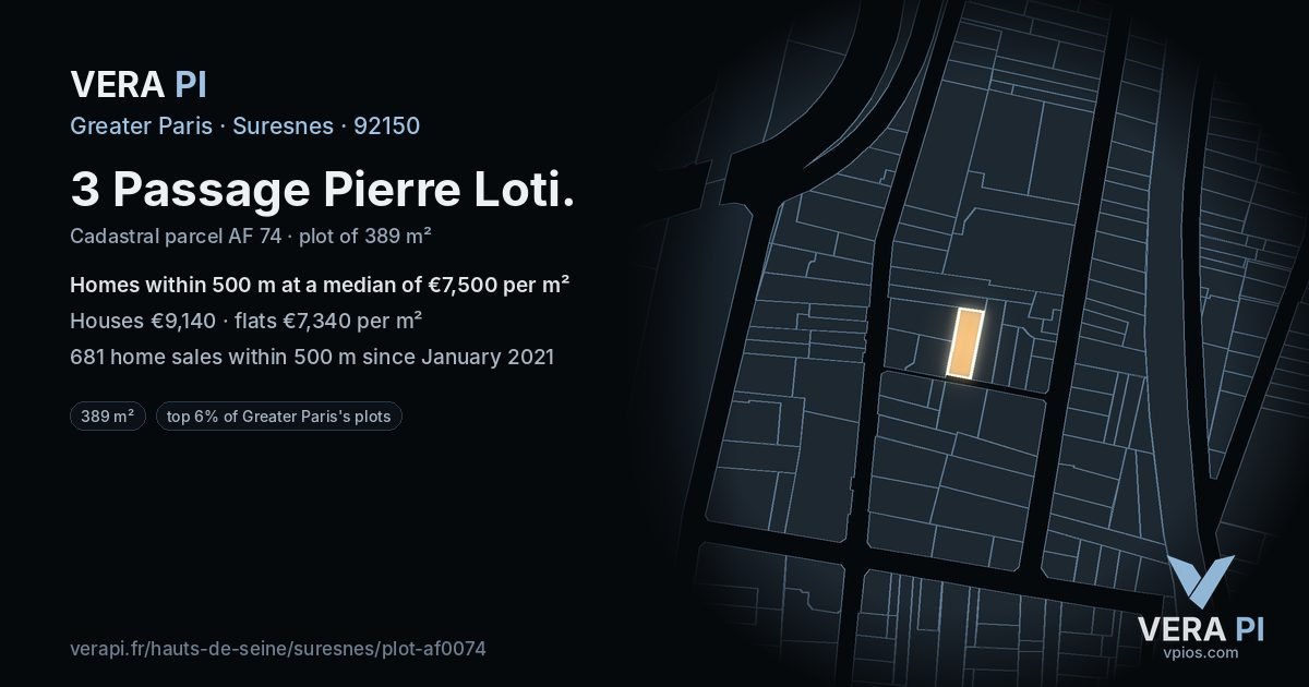3 Passage Pierre Loti, Suresnes at night – the plot lit, the parcels around coloured by the prices near them