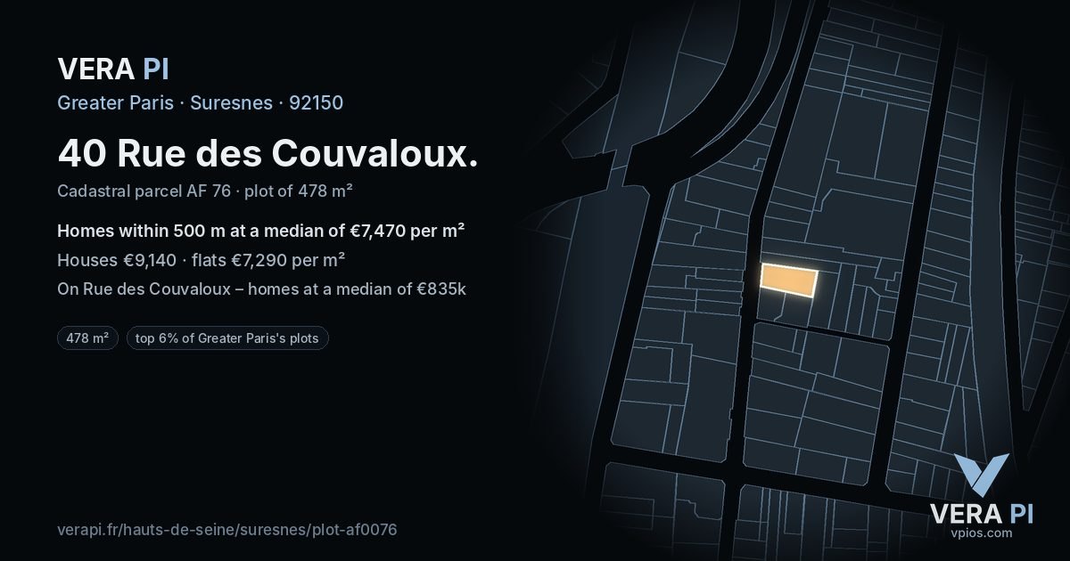 40 Rue des Couvaloux, Suresnes at night – the plot lit, the parcels around coloured by the prices near them