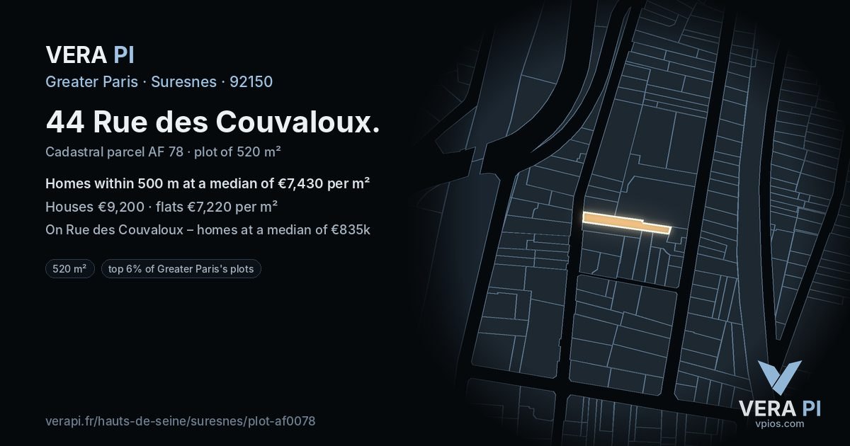 44 Rue des Couvaloux, Suresnes at night – the plot lit, the parcels around coloured by the prices near them