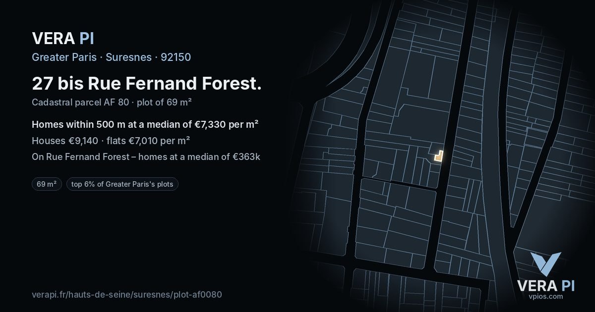 27 bis Rue Fernand Forest, Suresnes at night – the plot lit, the parcels around coloured by the prices near them