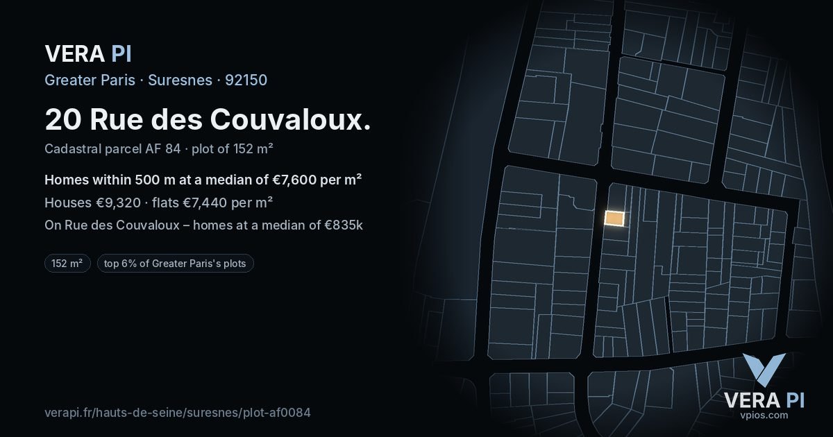 20 Rue des Couvaloux, Suresnes at night – the plot lit, the parcels around coloured by the prices near them