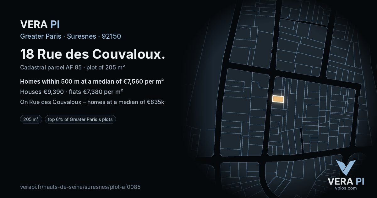 18 Rue des Couvaloux, Suresnes at night – the plot lit, the parcels around coloured by the prices near them