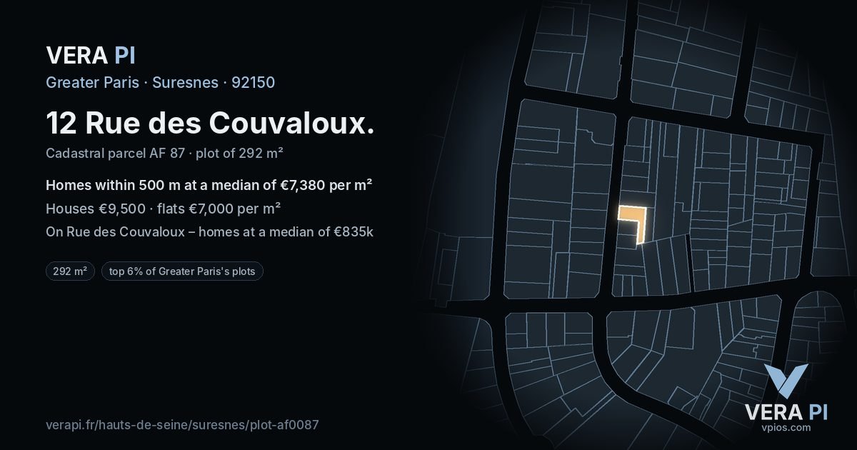 12 Rue des Couvaloux, Suresnes at night – the plot lit, the parcels around coloured by the prices near them