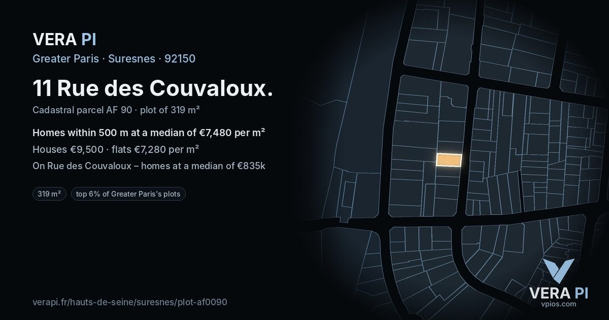 11 Rue des Couvaloux, Suresnes at night – the plot lit, the parcels around coloured by the prices near them