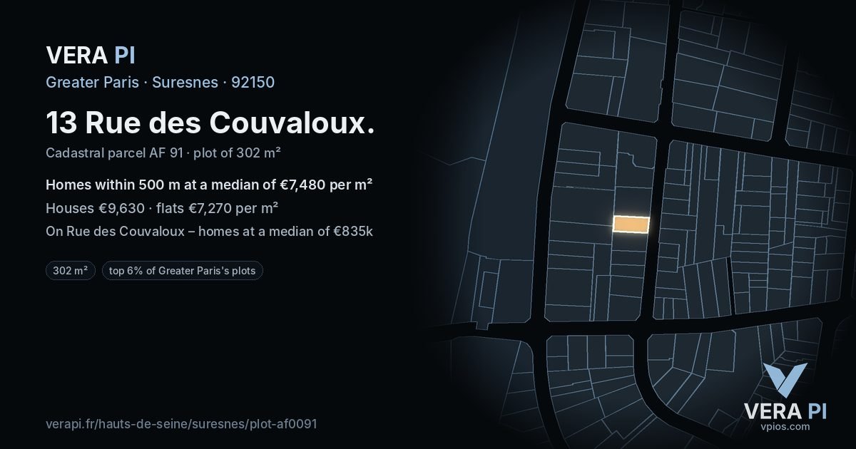 13 Rue des Couvaloux, Suresnes at night – the plot lit, the parcels around coloured by the prices near them