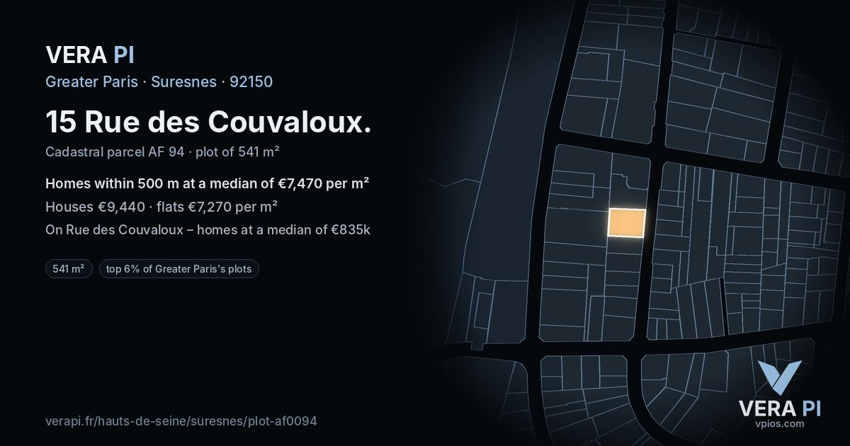 15 Rue des Couvaloux, Suresnes at night – the plot lit, the parcels around coloured by the prices near them